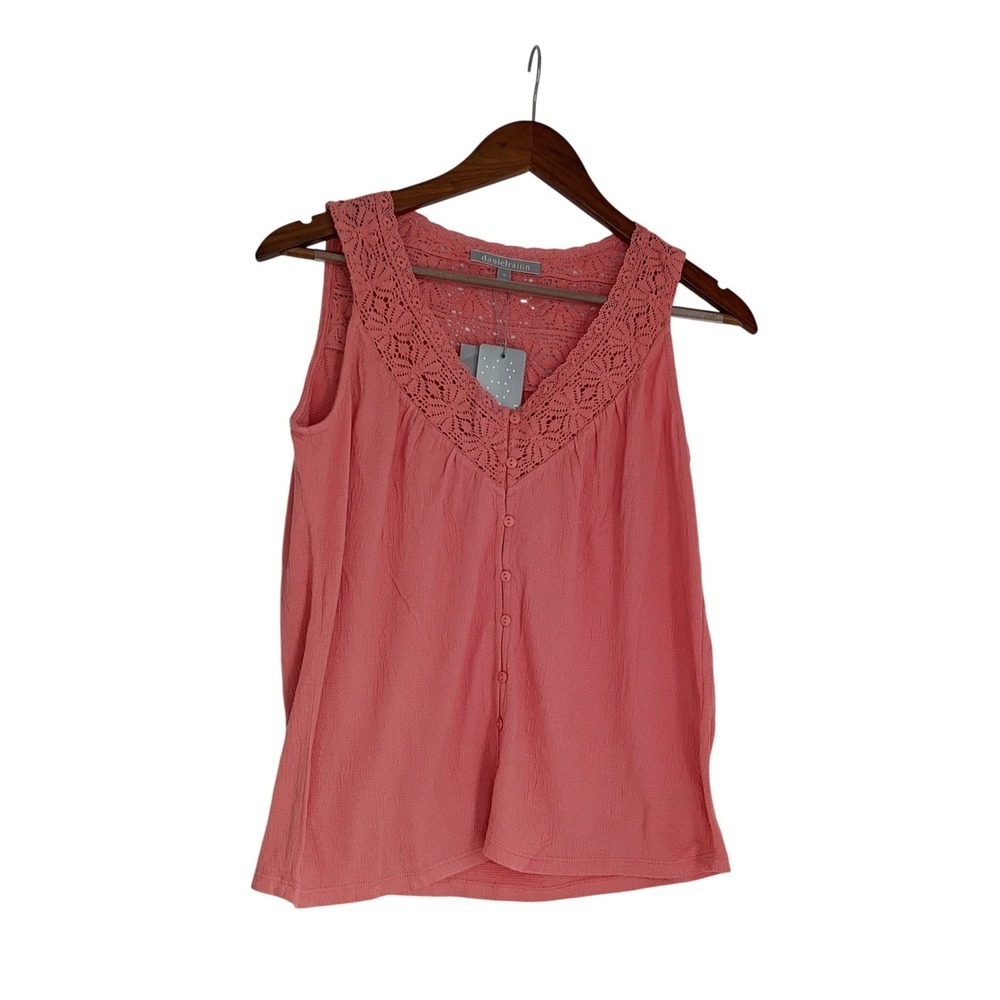 Daniel Rainn Coral Pink Crochet Lace Yoke Top NWT S Sleeveless Boho Peasant Vibe